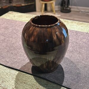 Vtg McCoy Brown Onyx Brush Art Vase, Pottery Drip Glaze Multicolor